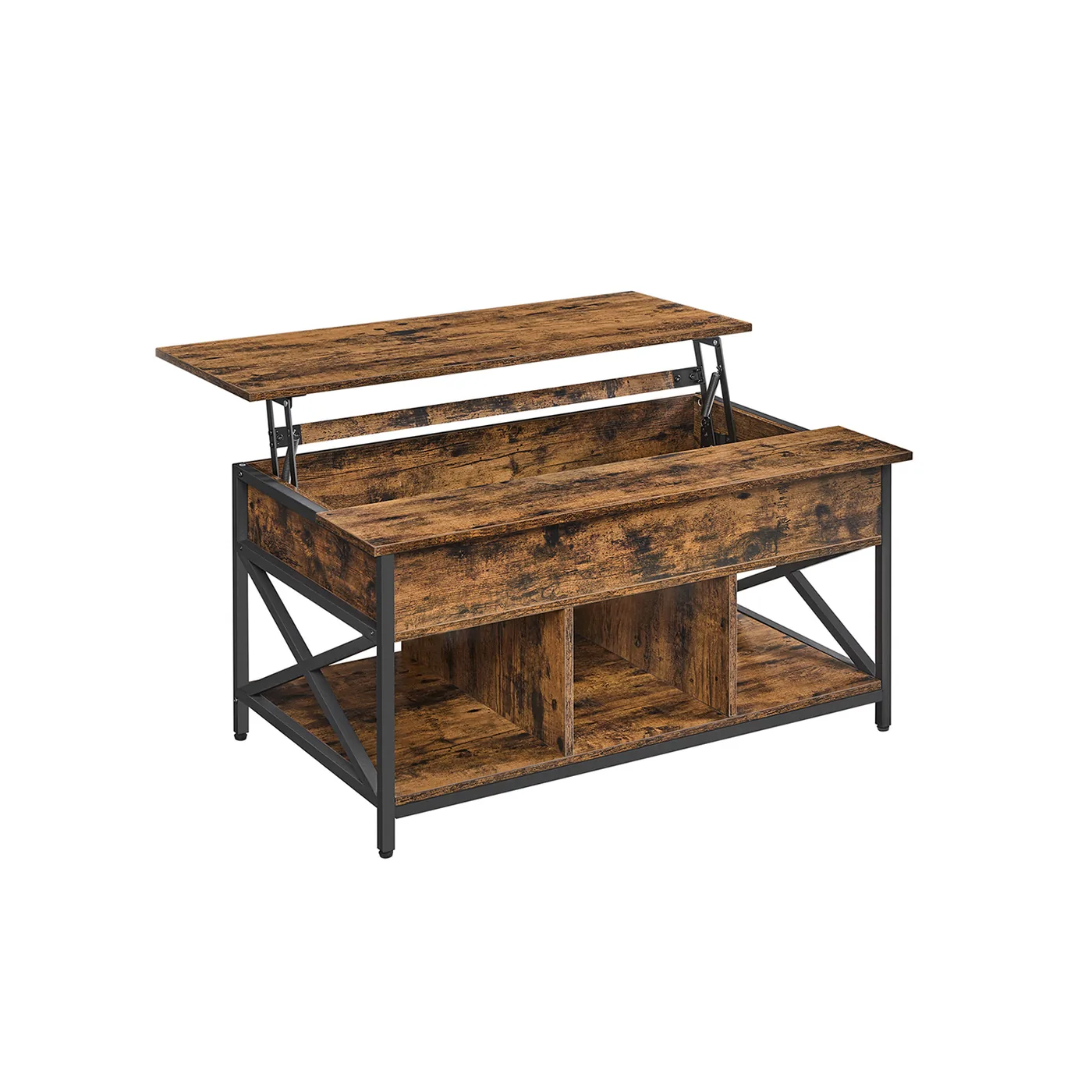 Lift-top coffee table in rustic brown with black steel X-frame and storage cubbies