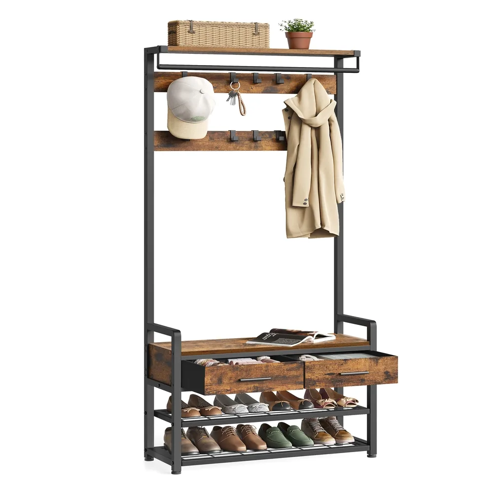 Hallway coat stand with bench, hooks, drawers and shoe shelves