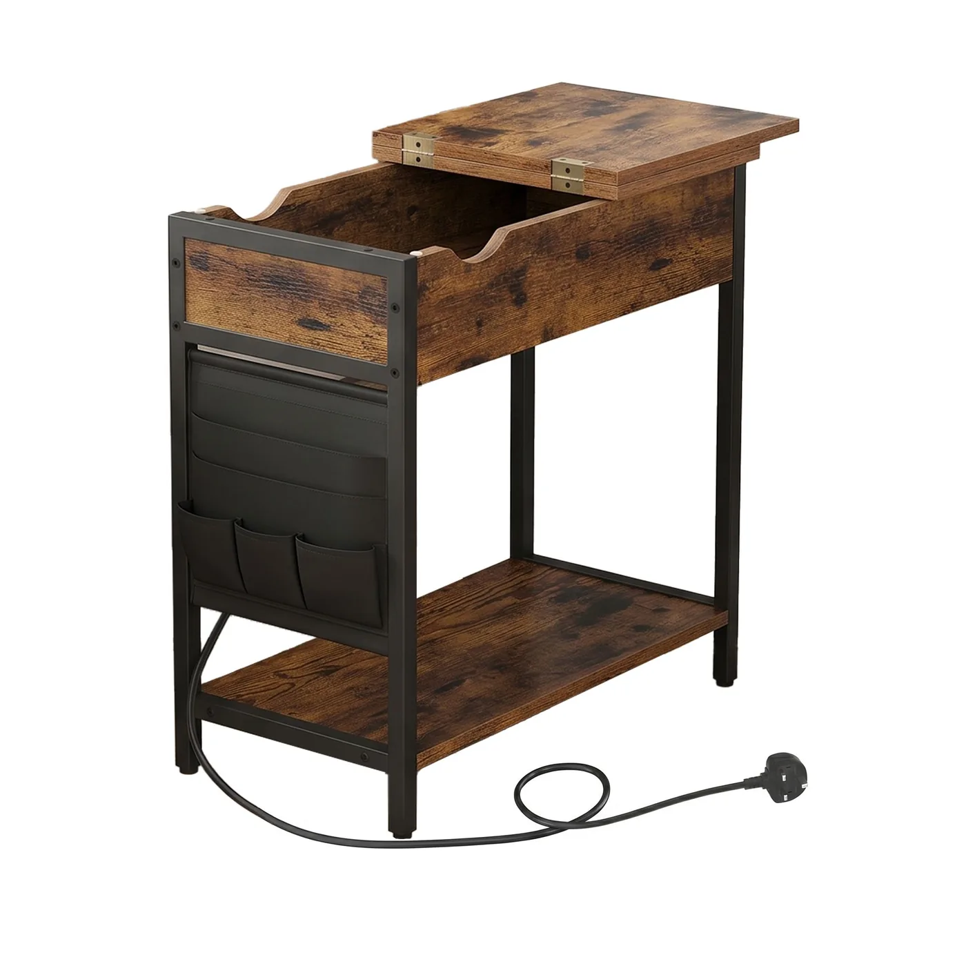 Slim rustic side table with flip-top charging compartment and black steel frame