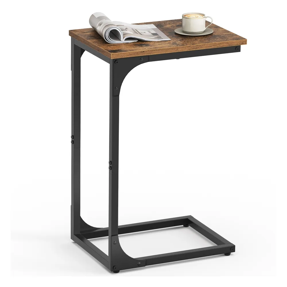 C-shaped side table with a rustic timber top and black steel frame
