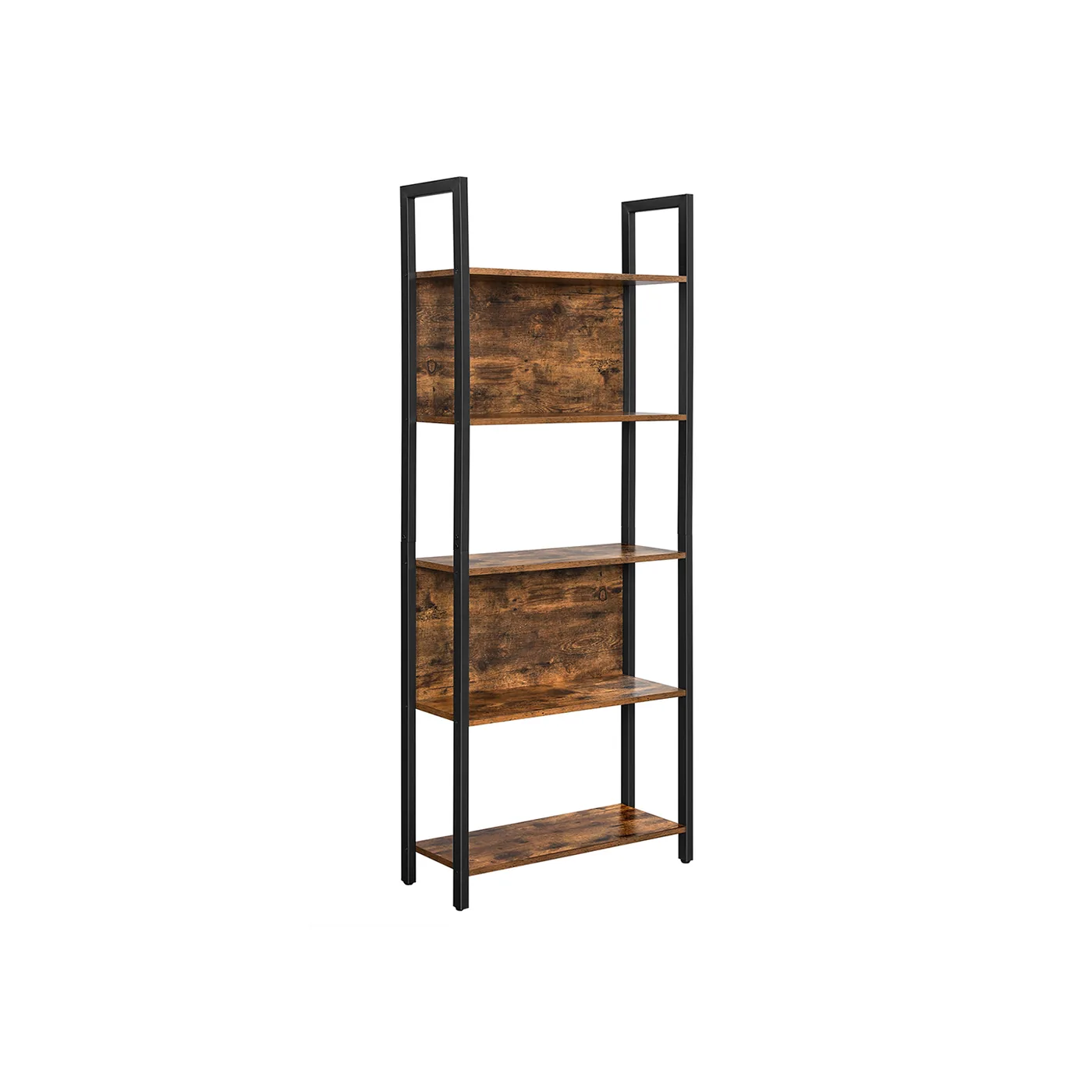 Five-tier industrial bookcase with rustic brown shelves and a black steel frame