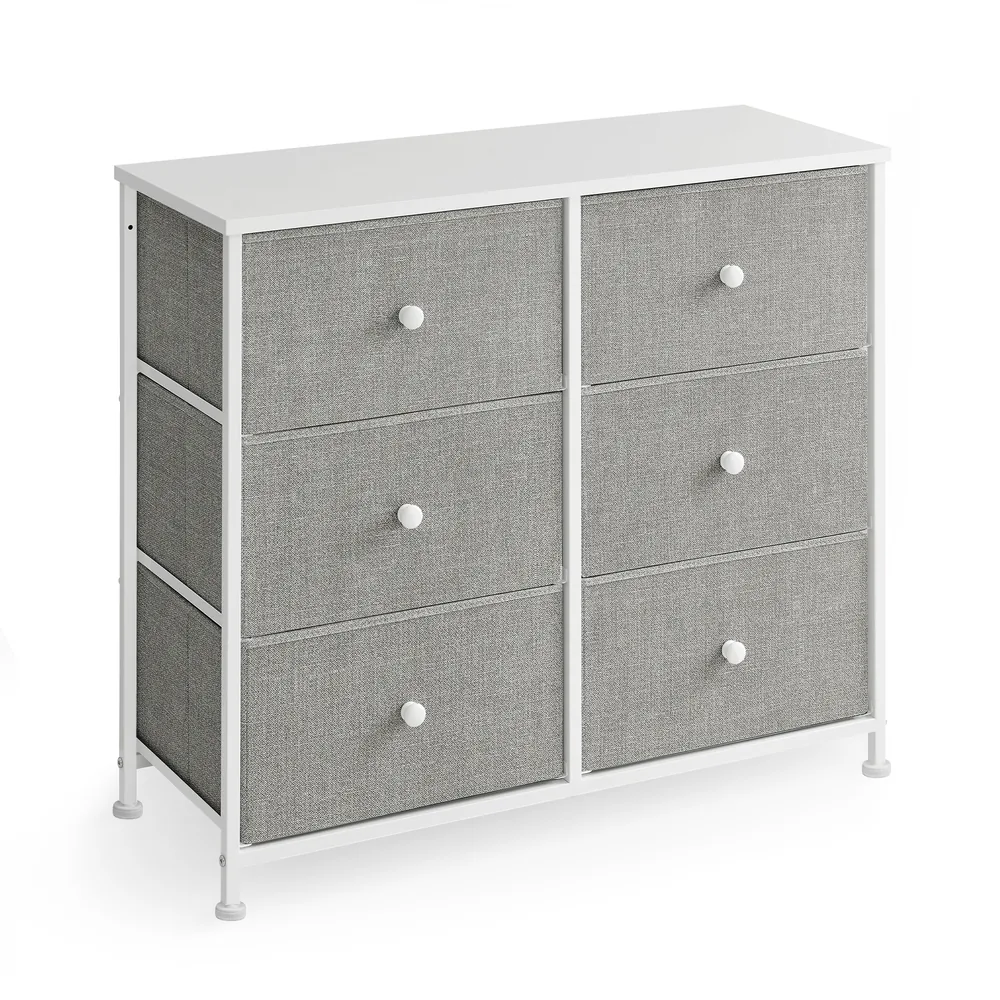 White metal chest with six light-grey fabric drawers