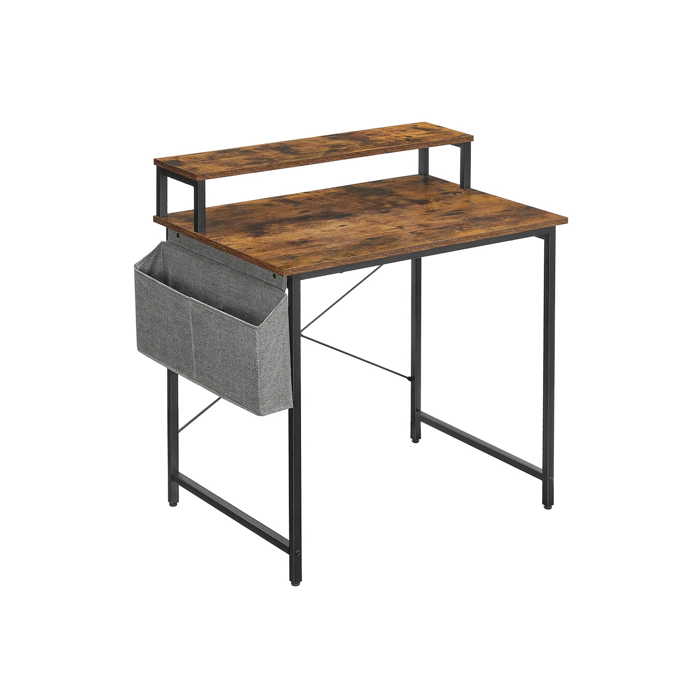 Compact industrial computer desk with rustic top, monitor shelf and black steel frame