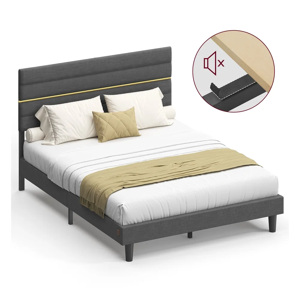 Slate-grey upholstered king bed frame with an adjustable headboard