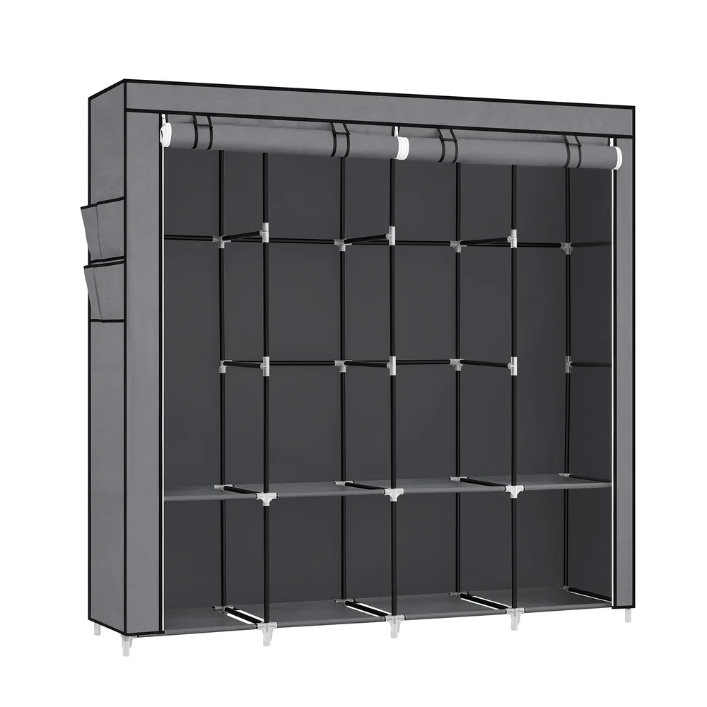 Grey fabric open wardrobe with hanging rails and shelves